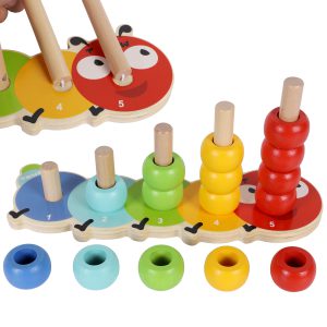 Wooden Counting and Stacking Rings with Caterpillar Design